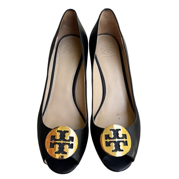 Tory Burch Black Leather Wedge Peep Toe Pumps With Gold Logo Size 10M - Picture 2 of 11